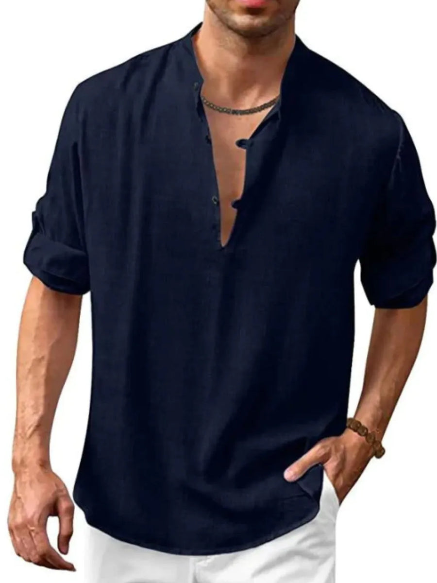 Navy blue half-button shirt with rolled sleeves and a mandarin collar.