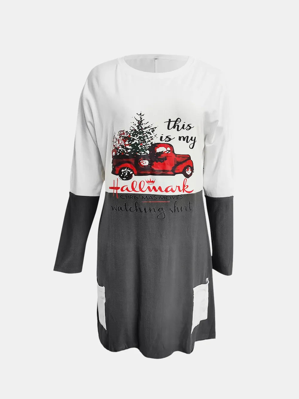 Colorblock tunic dress in gray with a Christmas truck graphic and text.