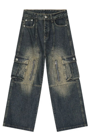 Distressed dark wash wide-leg cargo jeans with zip pockets and flap pockets.