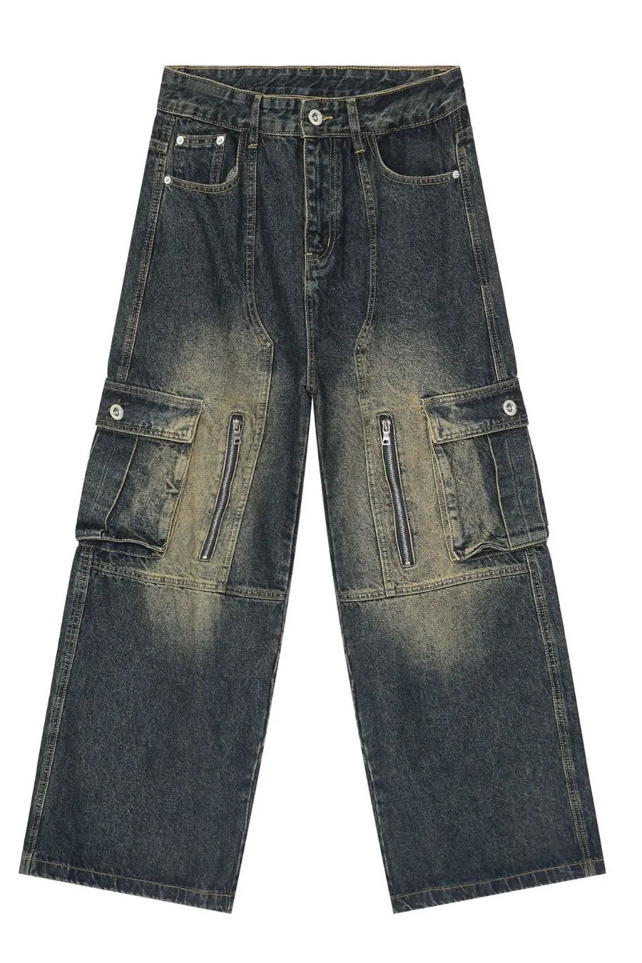 Distressed dark wash wide-leg cargo jeans with zip pockets and flap pockets.