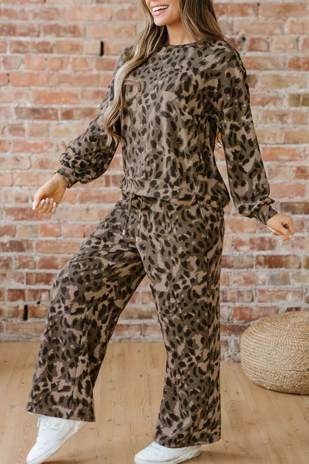 athleisure pajama set in tan with crew neck