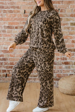 athleisure pajama set in tan with crew neck