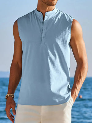 Light Blue sleeveless Mandarin collar shirt with buttoned placket and subtle pleat detail.