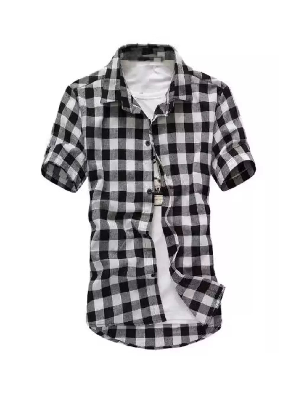 Classic Buffalo Check Short Sleeve Shirt in Black And White Grid, button-down casual shirt with white undershirt.
