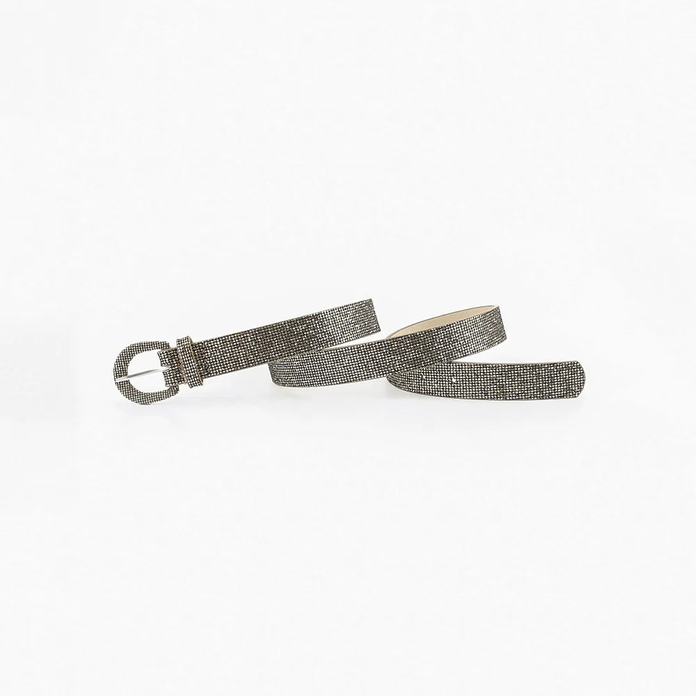 Silver glitter micro-studded belt with a silver buckle.