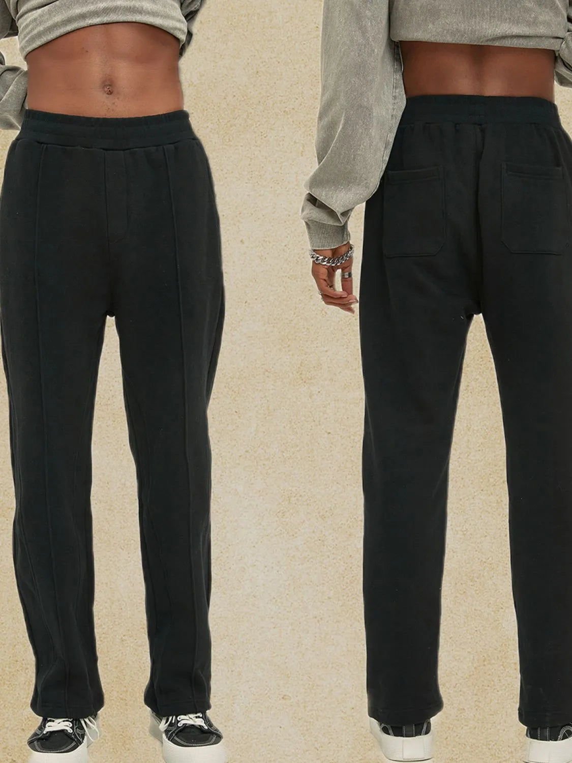 Black lounge trousers with seam detail and back pockets