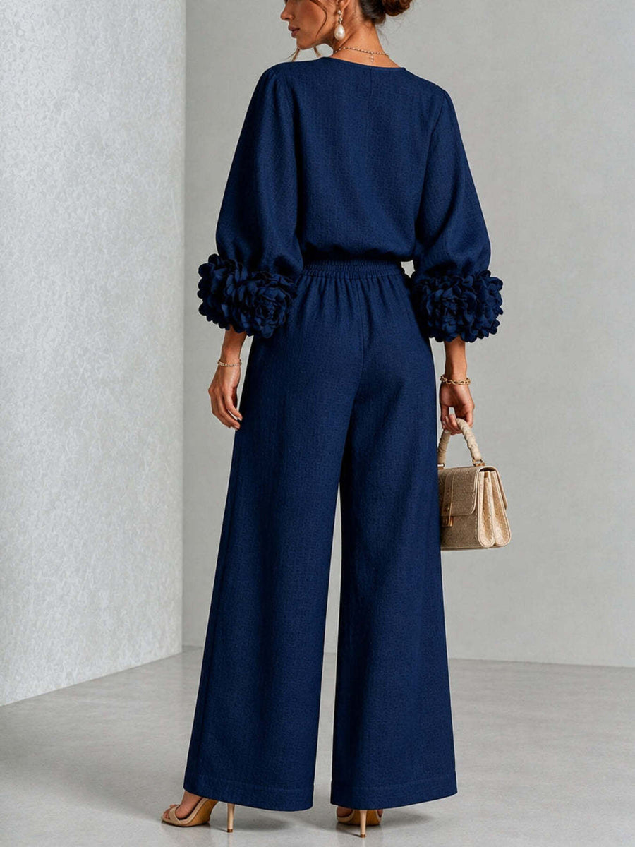 White relaxed (top), wide-leg (pants) two-piece set with round neck