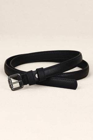 Slimline black leatherette belt with a silver buckle and keeper loop.
