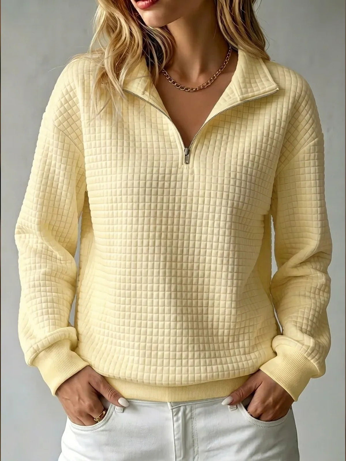 Dusty Pink sweatshirt with hip-length and quarter-zip