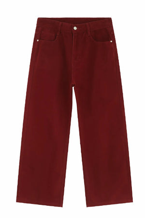 Burgundy wide-leg denim jeans with a relaxed fit and utility pockets.
