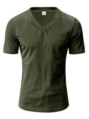 Men's Army Green V-neck T-shirt with vertical ribbed texture and slim fit.