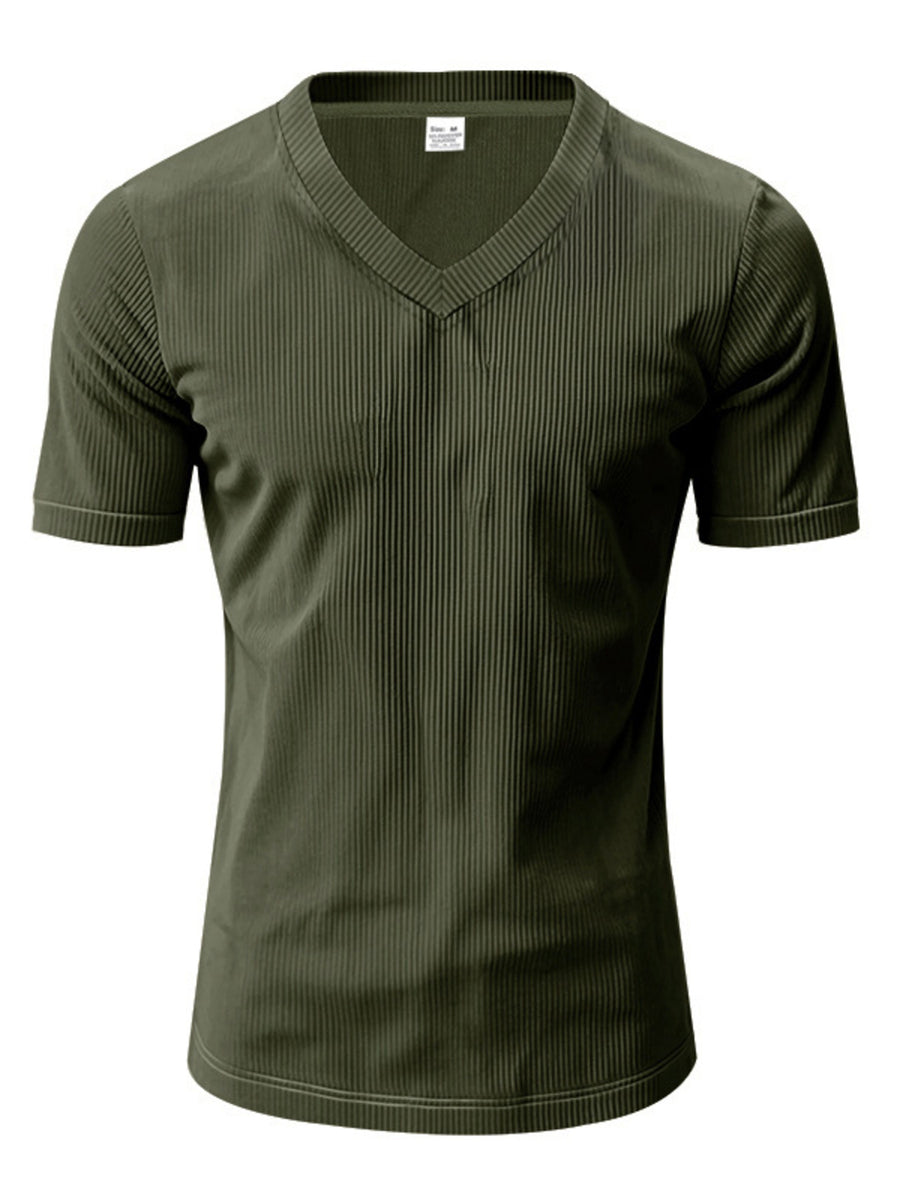 Men's Army Green V-neck T-shirt with vertical ribbed texture and slim fit.