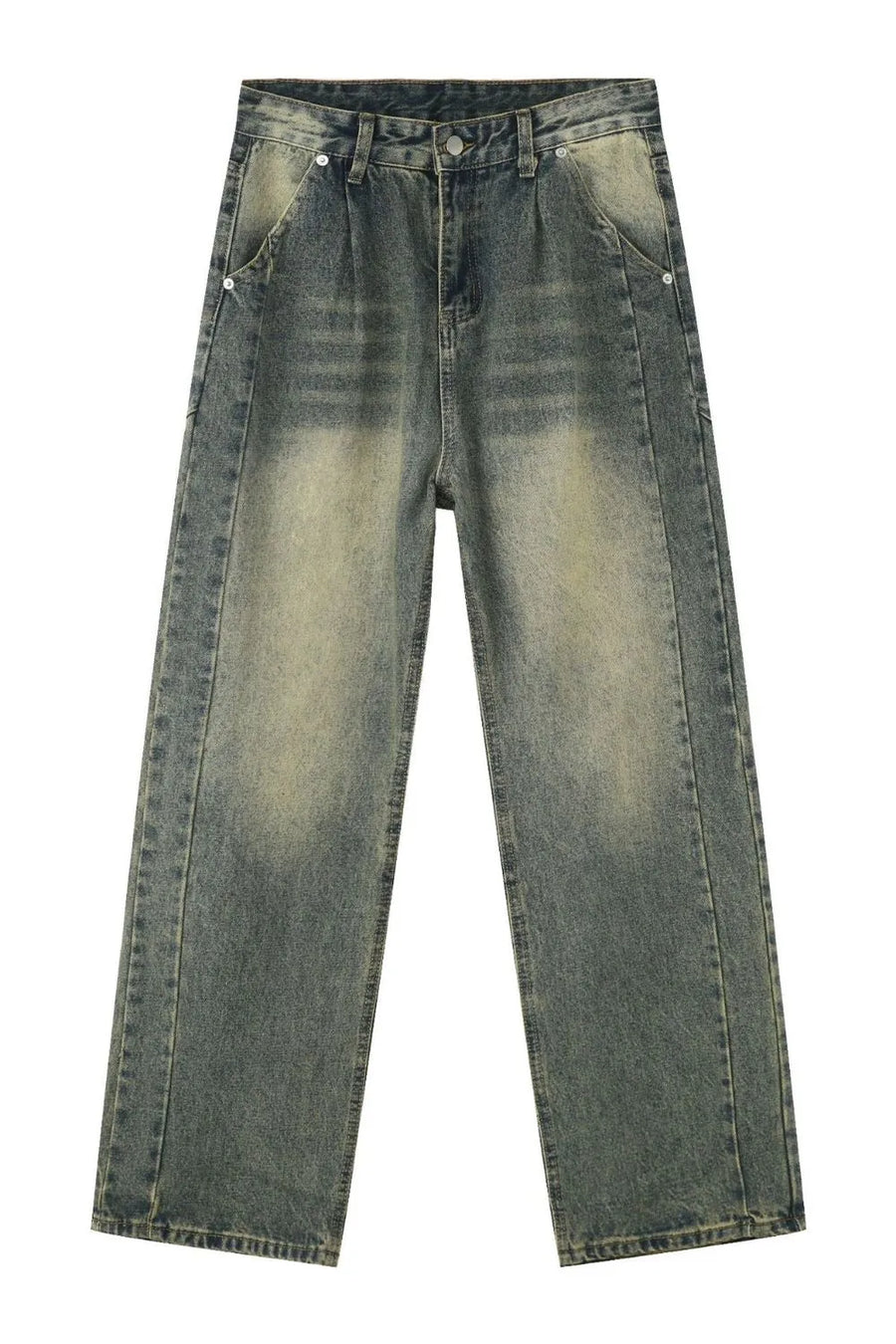 Faded wash baggy carpenter jeans in medium color with a relaxed fit.
