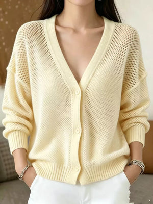 V-neck Open-knit Button-down Cardigan in White with open-knit
