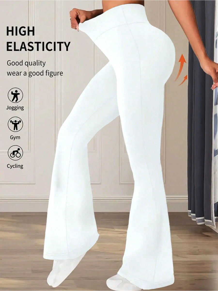 White high waist flare pants with high elasticity and a comfortable cotton feel.