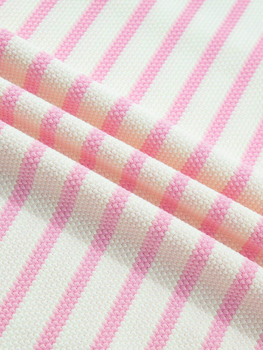 Ruffled short-sleeve blouse in pink and white stripes, cotton knit fabric.