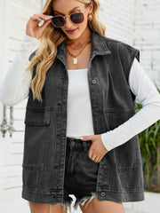 Dark denim utility vest with oversized pockets and collared neckline.