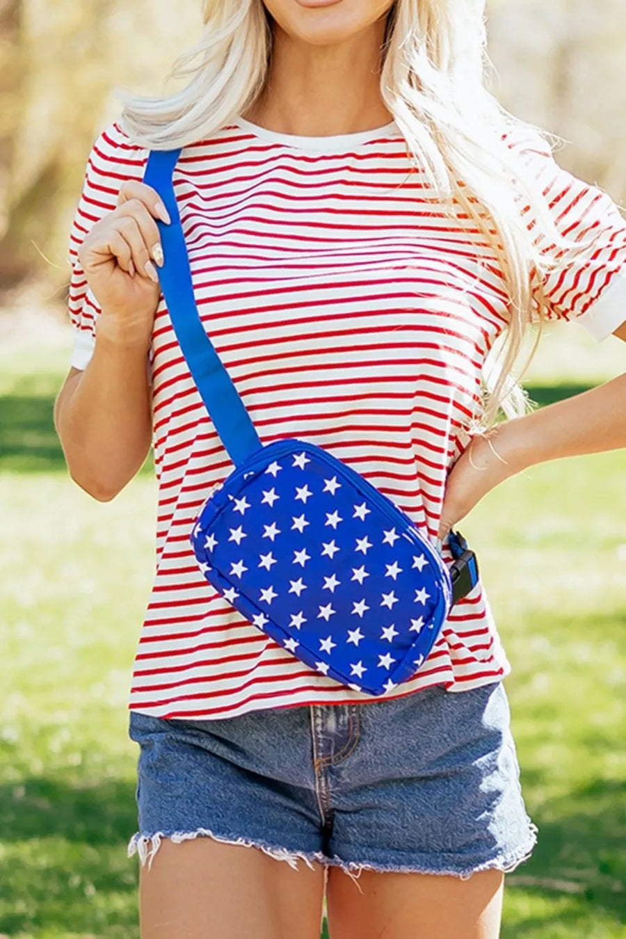 Classic striped puff sleeve t-shirt in red and white cotton with a blue star fanny pack.