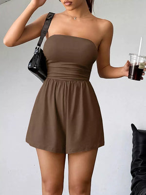 Brown strapless ruched waist romper with gathered shorts, cotton blend, casual style