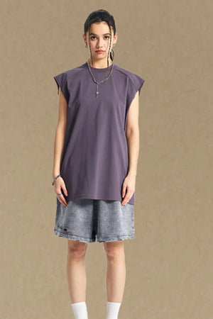 Boxy shoulder cut tank top in mauve with a crew neck and short sleeves.