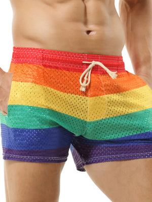 Rainbow mesh drawstring swim shorts with elastic waistband and white tie.