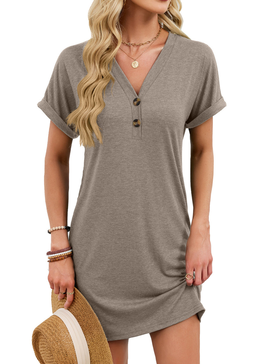 Coffee v-neck t-shirt dress with decorative buttons and cuffed short sleeves.
