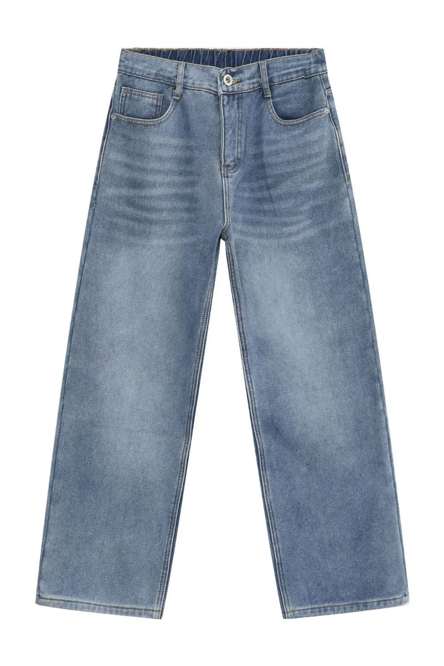 Oversized fade wash denim trousers in medium blue, wide leg, relaxed fit jeans.