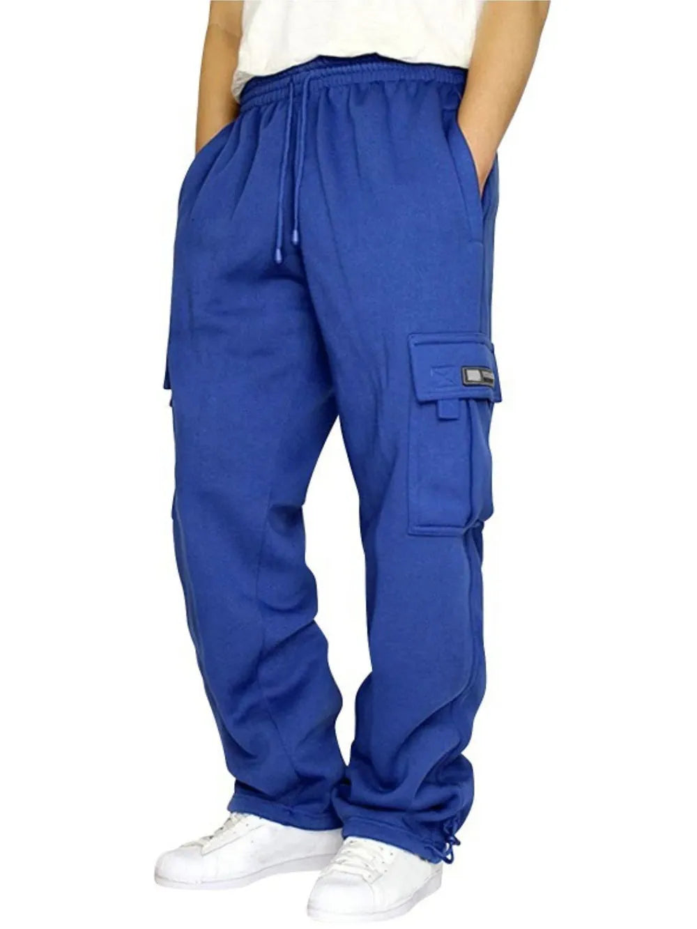 Blue fleece cargo pants with drawstring waist and pockets