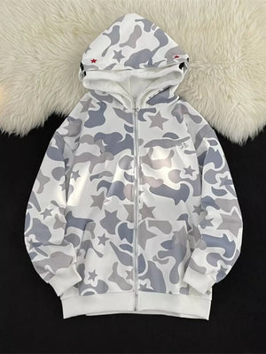 Off-white camo print zip-up hoodie with stars and red accents on the hood.