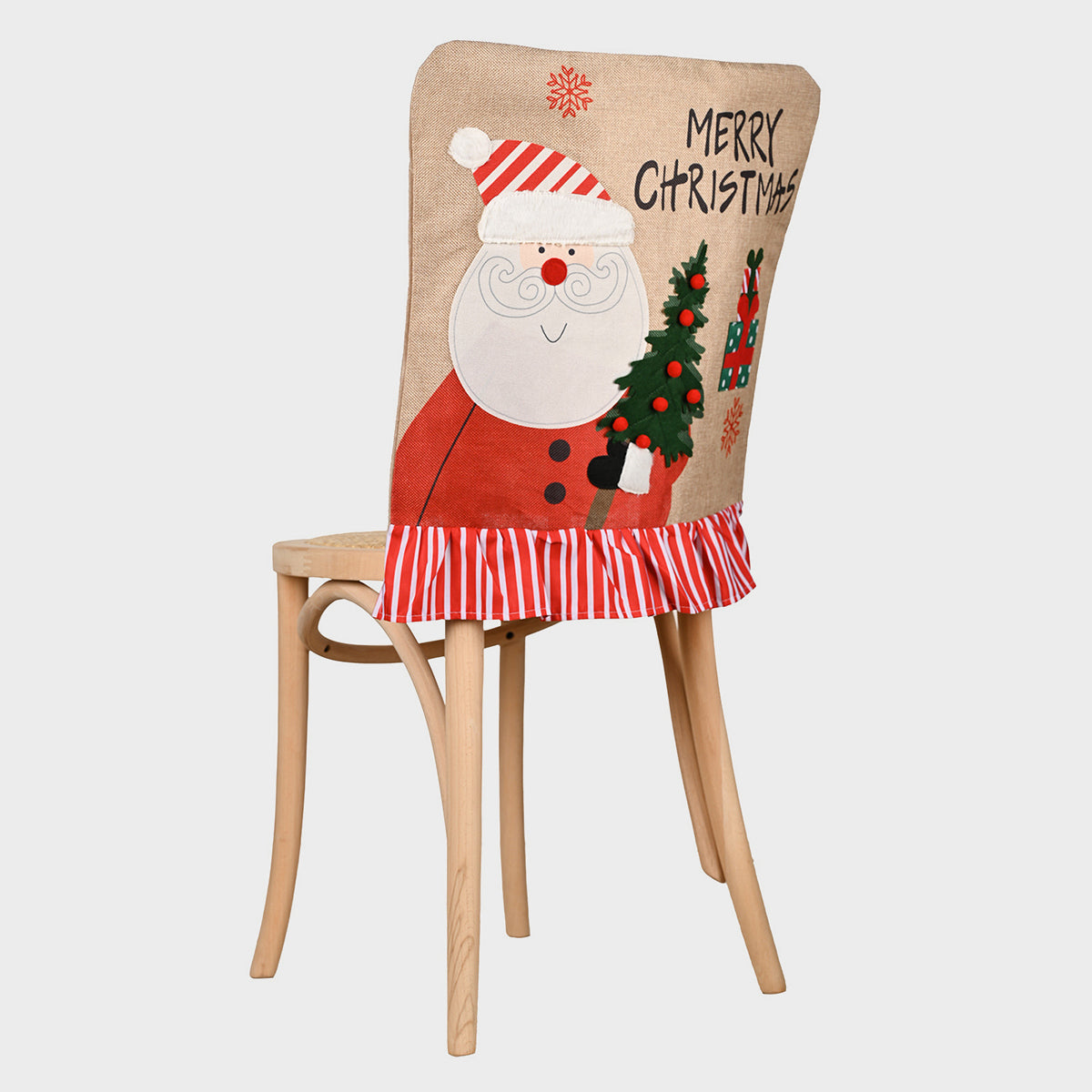 Burlap Christmas chair cover with Santa applique, red striped trim, and Merry Christmas text.