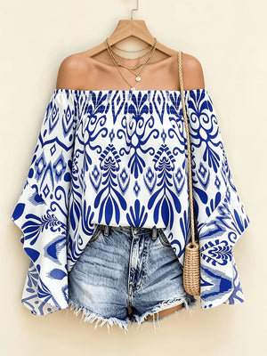 Dark Green off-shoulder top with pullover and feather-print