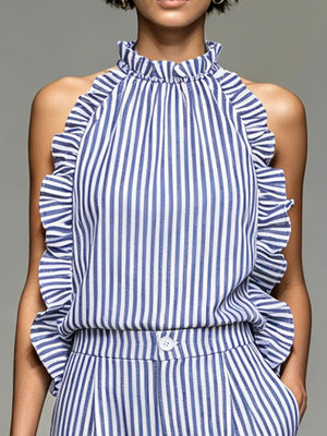 royal blue shorts set featuring ruffled and striped
