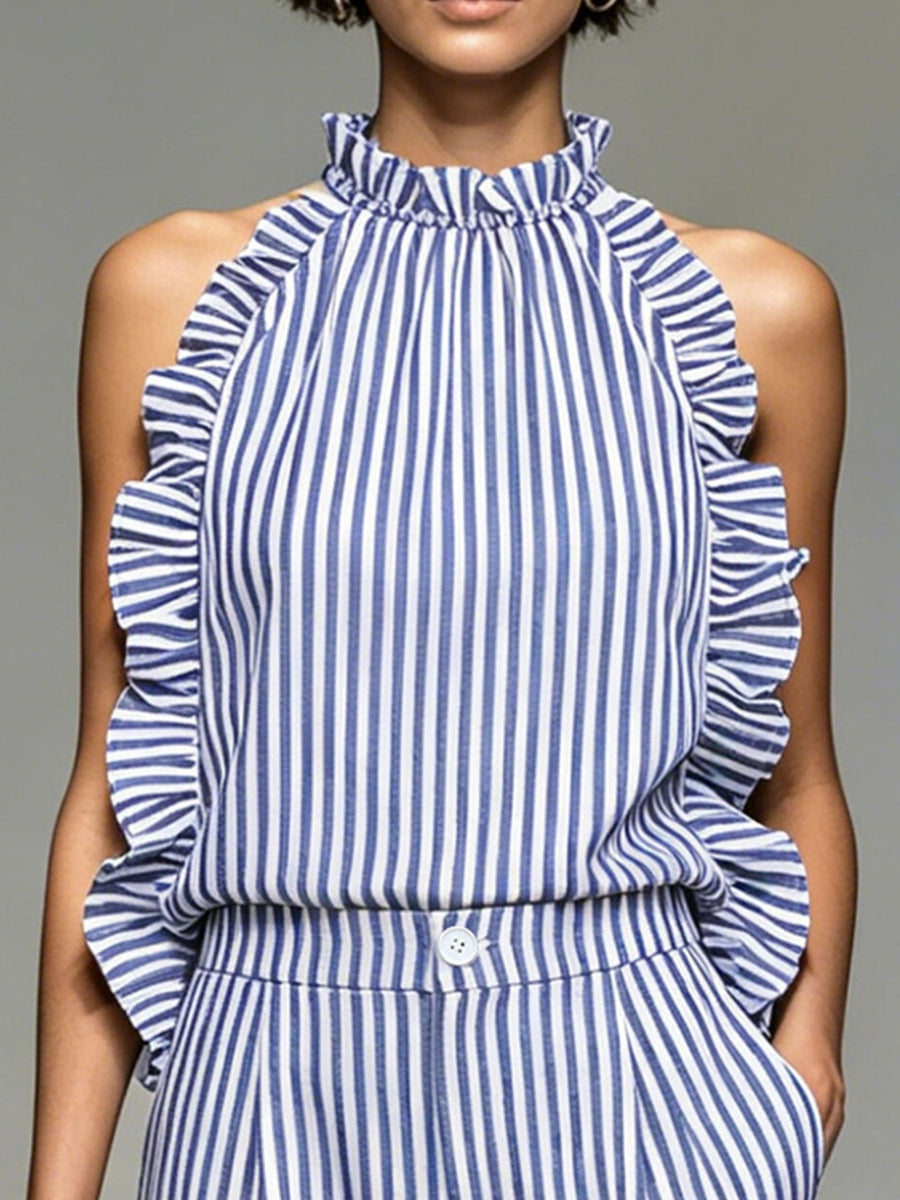 royal blue shorts set featuring ruffled and striped