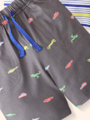 Baby boys' gray cotton shorts with dinosaur and car print, blue drawstring.