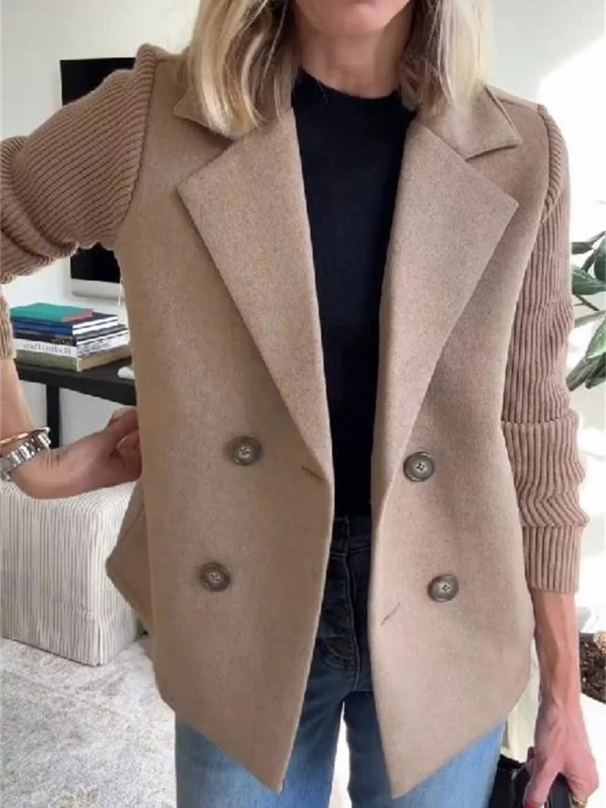 Double-breasted wool blend blazer in tan with contrasting knit sleeves and button detail