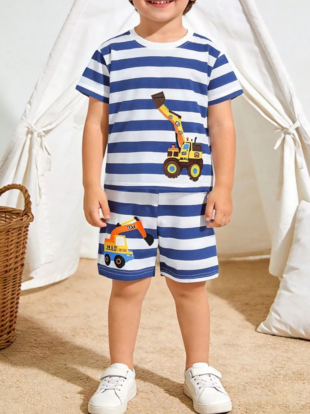 Boys' cotton boxer shorts set with blue and white stripes and excavator print.