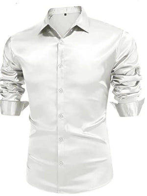 White satin finish slim fit button-down shirt with ruched sleeves