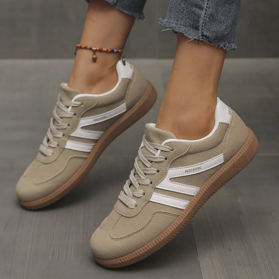Khaki retro stripe walking sneakers with white accents and brown soles.