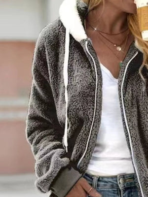 Cozy fleece zip-up hoodie in dark gray with white drawstring and trim.
