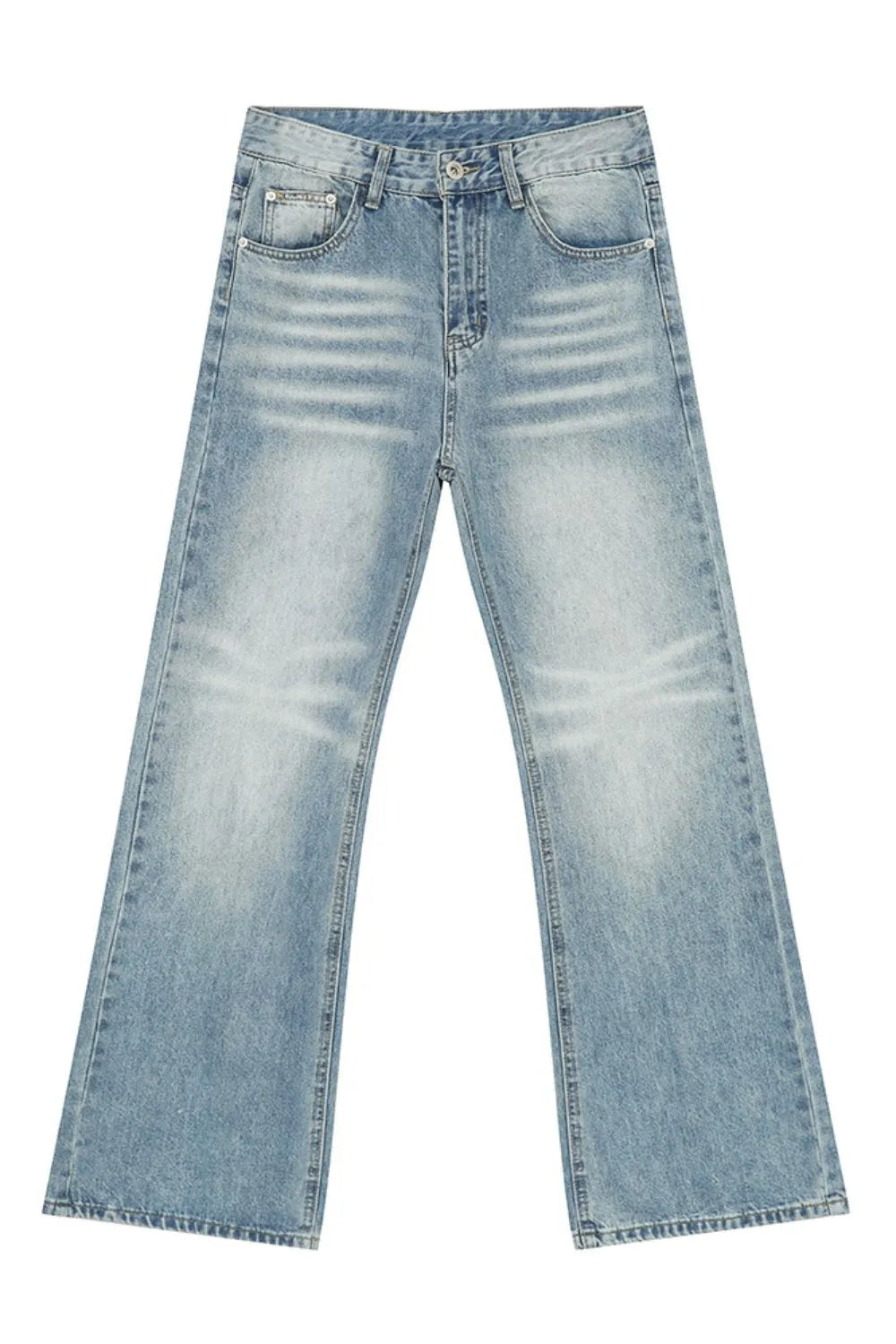 Wide leg washed denim trousers in medium blue with a relaxed fit.