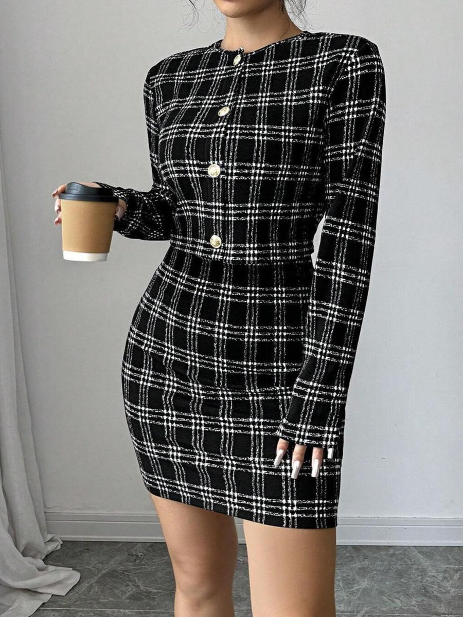 100% polyester Care instructions: Machine wash cold two-piece set in Black with bodycon silhouette