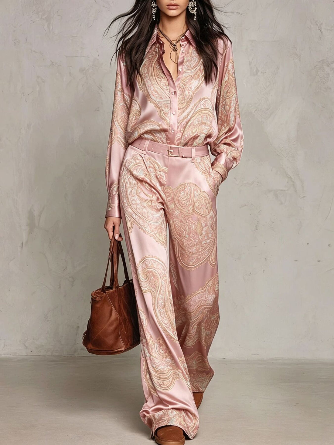 Paisley Print Long Sleeve Shirt And Wide-Leg Pants Set in Blush Pink with long sleeves