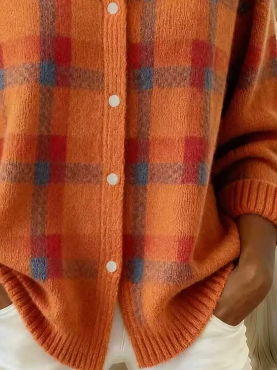 Full Size Plaid Button-down Knit Cardigan in Orange