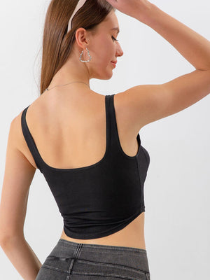 Black scoop neck crop top with wide straps, casual basic style