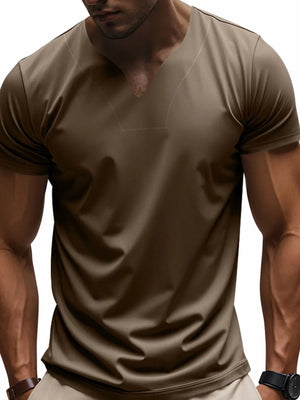 Men's taupe V-neck performance tee with short sleeves.