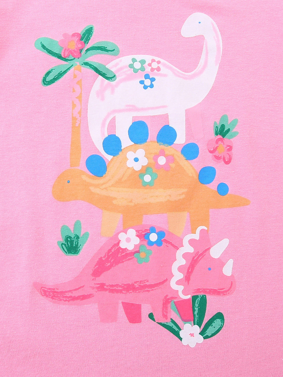 Pink cotton tee with colorful dinosaur and flower print