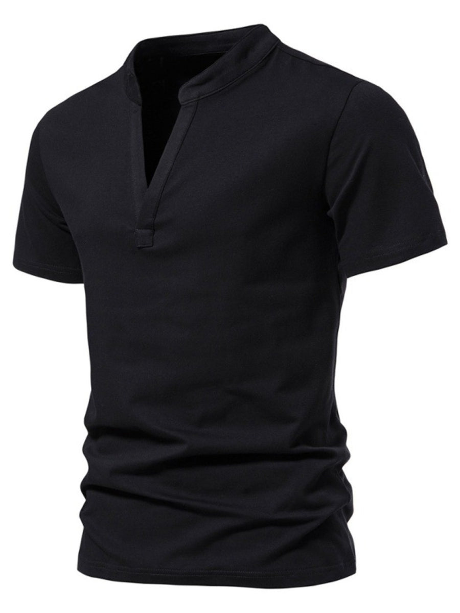 Black cotton short sleeve t-shirt with a unique V-neck collar and a relaxed fit.