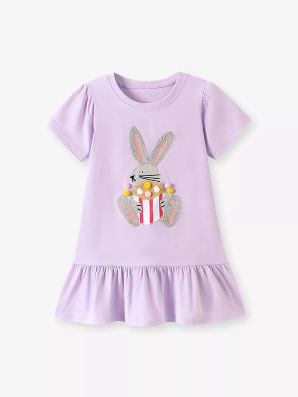 Lavender cotton baby dress with bunny appliqué and ruffled hem