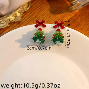 earrings in forest green with Christmas tree motif and dangle