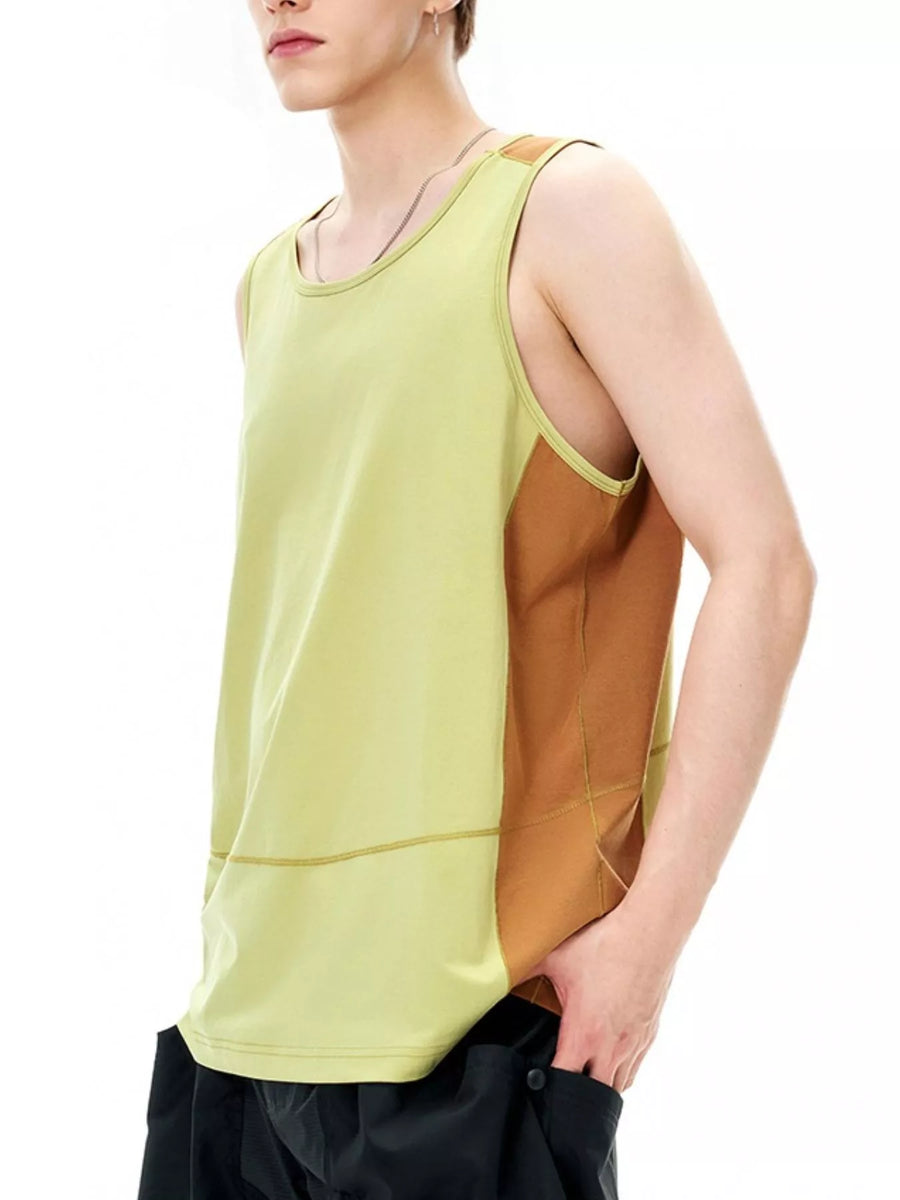 Men's light green and brown color block tank top with a crew neck.